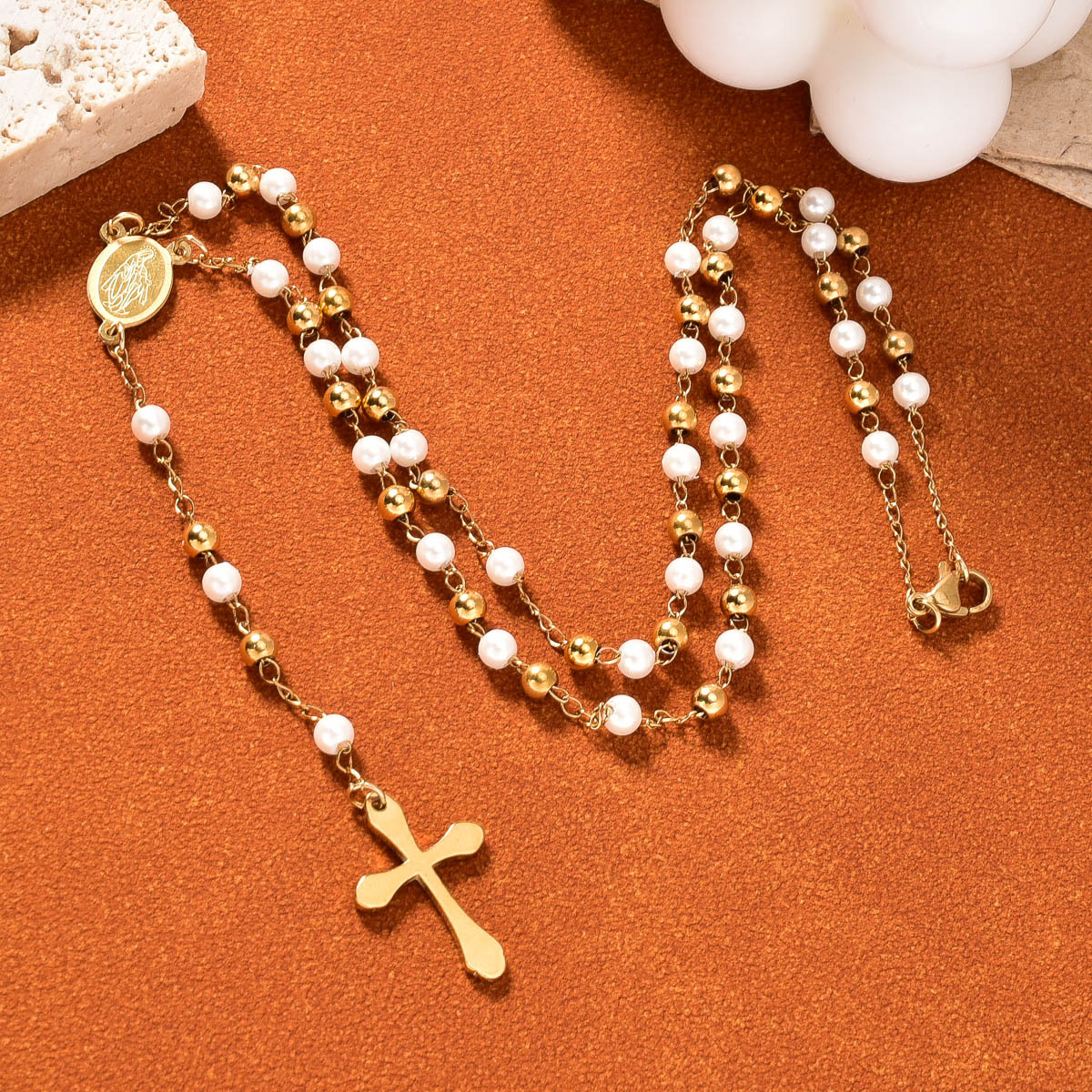 Unisex Crucifix Y-Shaped Necklace with White Beads